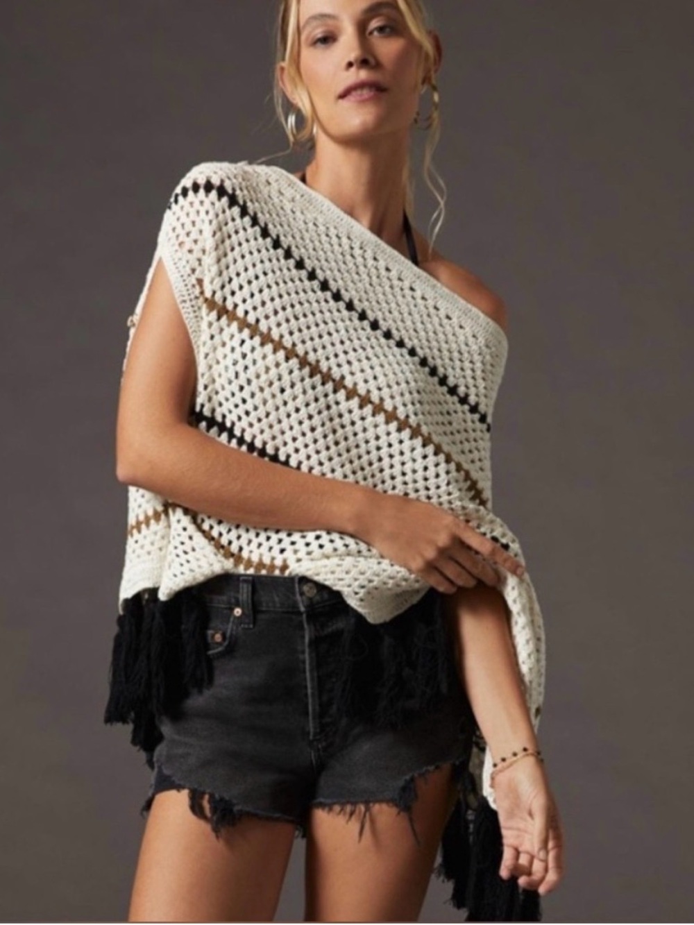 Anthropologie Off-Shoulder Crochet Fringe Sweater Poncho
